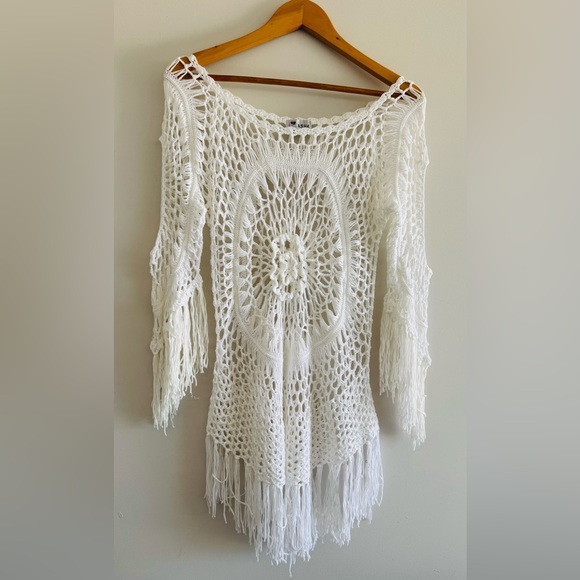 Asha Sweaters - ASHA Crochet Knit Boho Fringe Tunic Handcrafted Look Beach Festival Cover Up S
